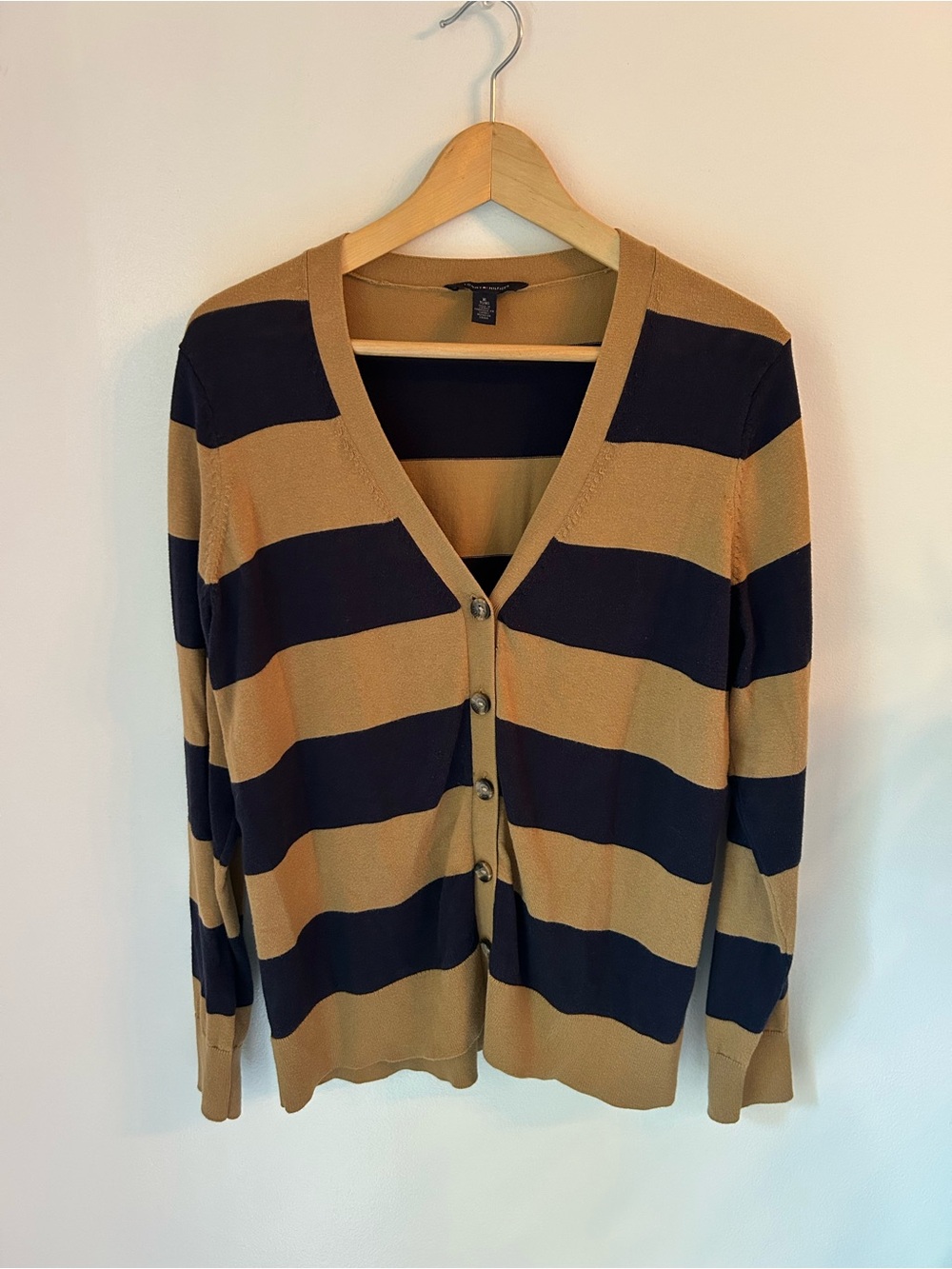 Tommy Hilfiger Wide-Striped V-Neck Button Cardigan - Navy & Tan